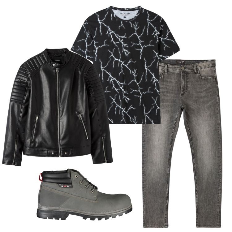 Outfit uomo - Metal mood. Stile Urban per Tutti i giorni. Abbinamento con t-shirt, giacche, jeans skinny, stivali.