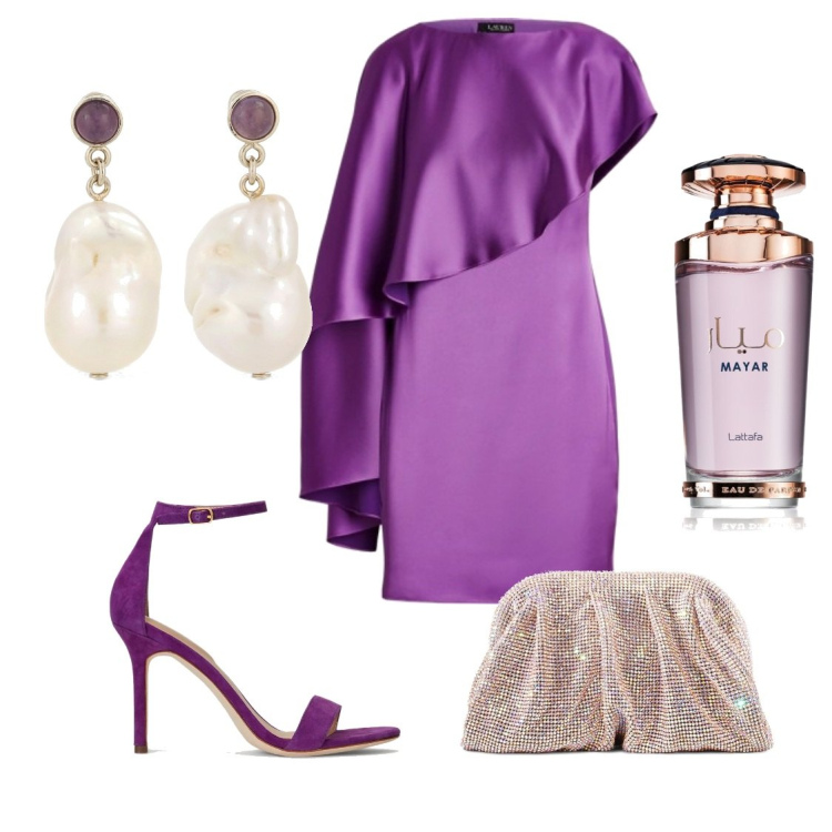 Outfit donna - Raffinata elegante... sexy. Stile Chic per Cerimonia. Abbinamento con profumi, vestiti, sandali col tacco, pochette, orecchini.