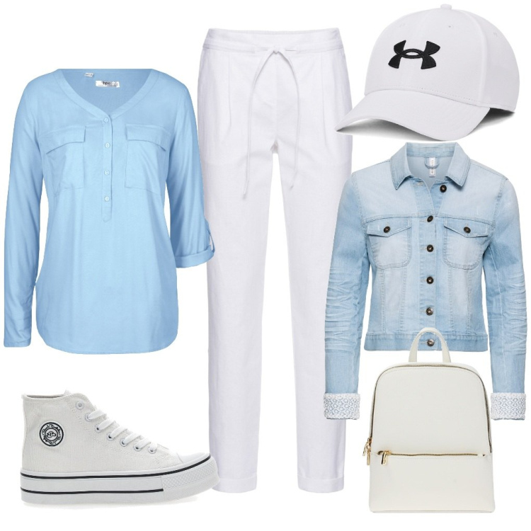 Outfit donna - Luciana: passeggiata lungomare. Stile Casual per Tutti i giorni. Abbinamento con pantaloni, blazer, bluse, zaini, sneakers, berretti.