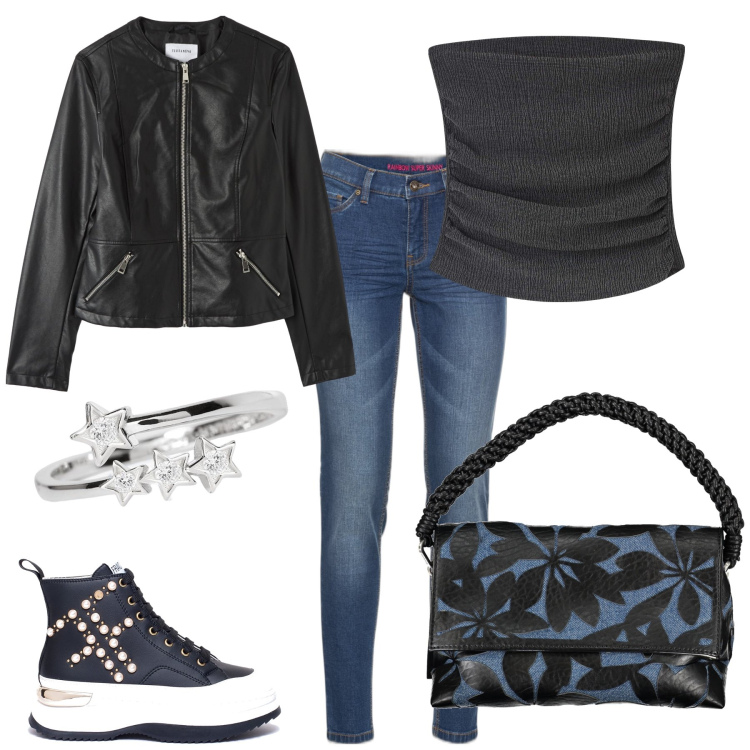 Outfit donna - Serata con le amiche. Stile Trendy per Tutti i giorni. Abbinamento con jeans skinny, top, blazer, anelli, sneakers, borse a spalla.