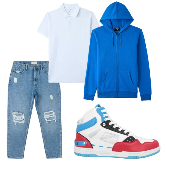 Outfit uomo - Total look #1838889. Stile Urban per Tutti i giorni. Abbinamento con sneakers alte, jeans strappati, felpe con cappuccio, polo.