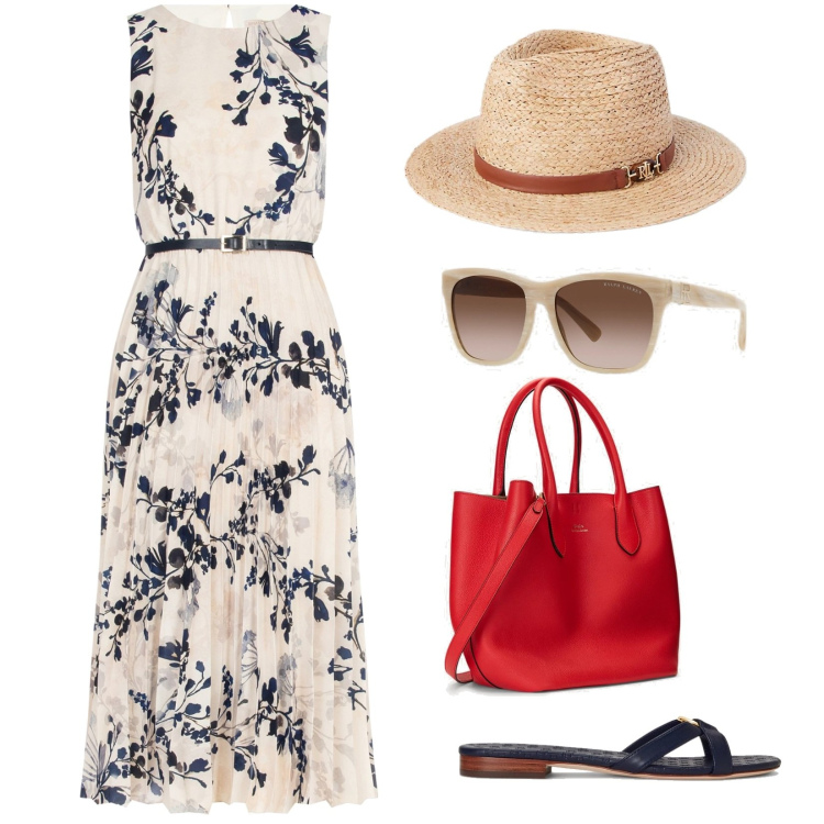 Outfit donna - Vacanze romane. Stile Romantica per Tutti i giorni. Abbinamento con vestiti midi/longuette, ciabatte, occhiali da sole, borse tote, sciarpe.