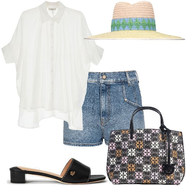 Outfit donna - Total look #1838938. Stile Casual chic per Tutti i giorni. Abbinamento con shopping bag, shorts, camicie, sandali in pelle, cappelli.