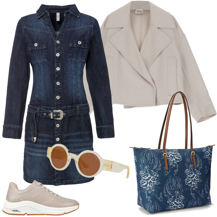 Outfit donna - L\'abito in denim. Stile Casual per Tutti i giorni. Abbinamento con vestiti, occhiali da sole, borse tote, cappotti, sneakers.