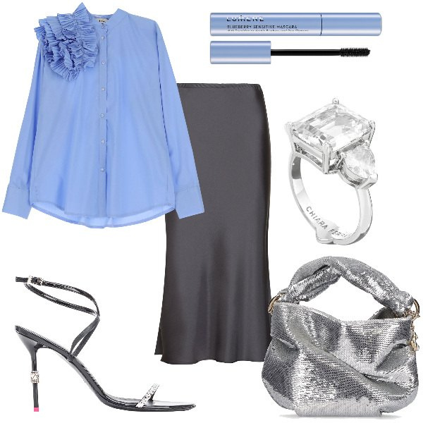 Outfit donna - Total look #1838950. Stile Glamour per Cerimonia. Abbinamento con anelli, mascara, sandali in pelle, camicie, borse a mano, gonne longuette.