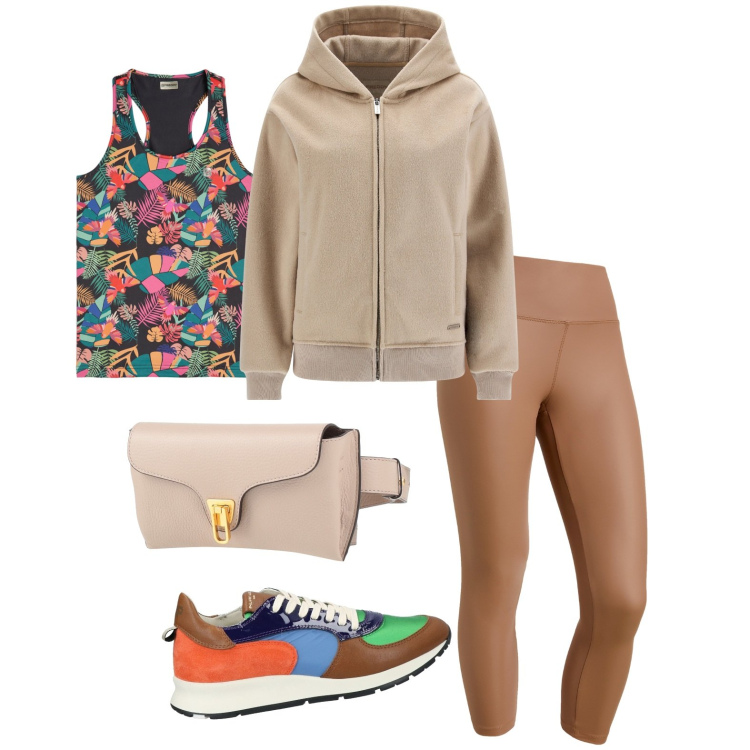 Outfit donna - Sportiva e colorata. Stile Casual per Tutti i giorni. Abbinamento con marsupi, sneakers, treggings, blazer, canottiere.