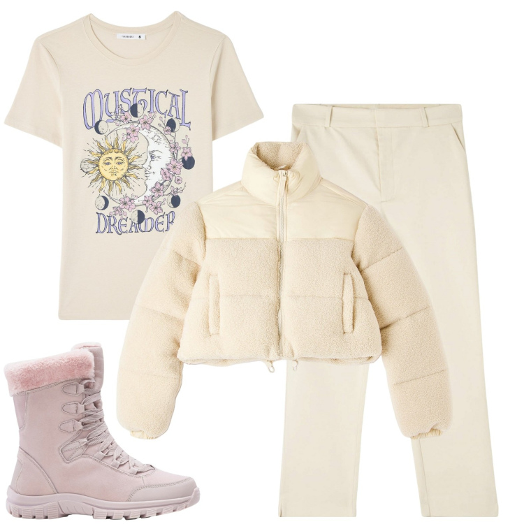 Outfit donna - Ultimi freddi. Stile Casual per Tutti i giorni. Abbinamento con stivaletti, pantaloni chino, piumini, t-shirt.