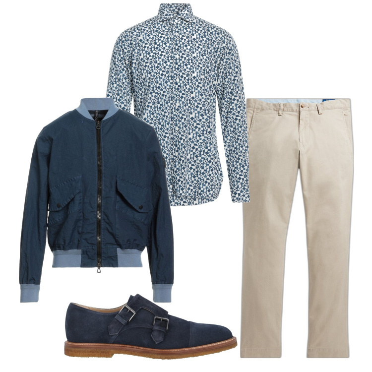 Outfit uomo - Beige e bluette. Stile Casual per Tutti i giorni. Abbinamento con giacche, camicie, scarpe stringate, pantaloni.