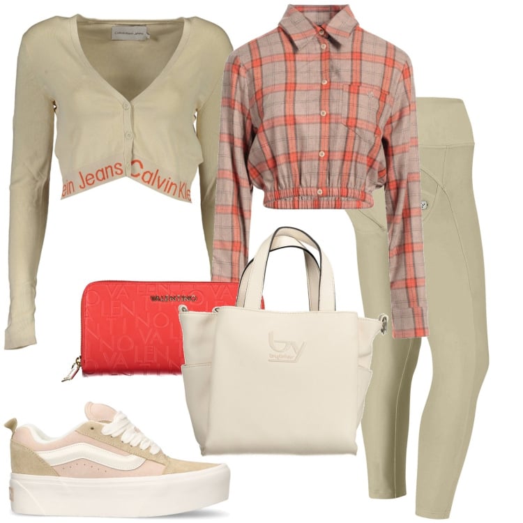 Outfit donna - Sportiva. Stile Casual per Tutti i giorni. Abbinamento con camicie, pantaloni skinny, sneakers, borse a spalla, cardigans, portafogli.