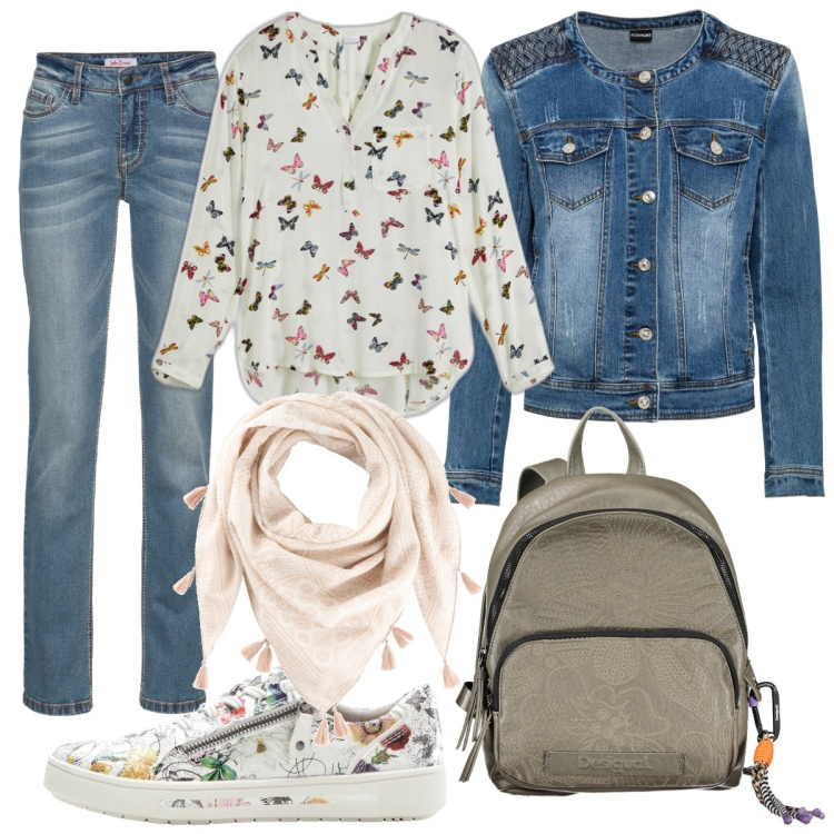 Outfit donna - Farfalle e fiori. Stile Casual per Tutti i giorni. Abbinamento con bluse, jeans dritti, sneakers, blazer, foulard, zaini.