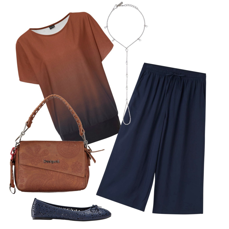 Outfit donna - Sfumature. Stile Glamour per Ufficio. Abbinamento con ballerine, maglieria, pantaloni a palazzo, maglieria, borse a spalla.