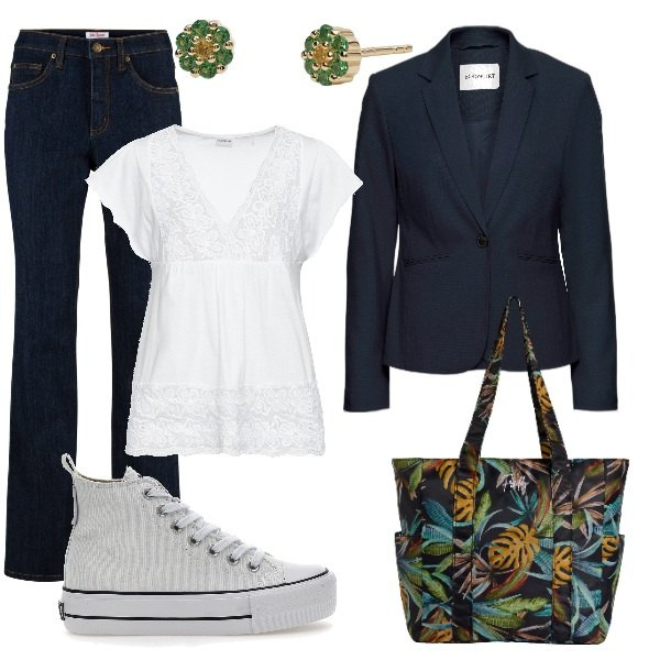 Outfit donna - Total look #1839021. Stile Trendy per Scuola/Università. Abbinamento con blazer, maglieria, jeans, orecchini, shopping bag, sneakers.