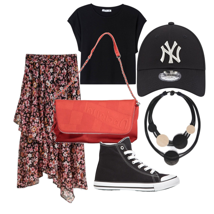 Outfit donna - Ghost outfitter - marzo. Stile Trendy per Tutti i giorni. Abbinamento con sneakers alte, gonne, t-shirt, cappelli, collane, borse a mano.