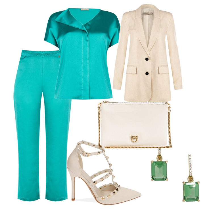 Outfit donna - Verde smeraldo. Stile Glamour per Tutti i giorni. Abbinamento con borse a tracolla, bluse, pantaloni a palazzo, blazer, décolleté, orecchini.