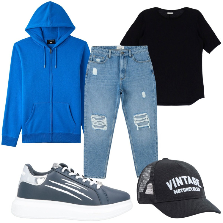 Outfit uomo - Total look #1839037. Stile Trendy per Tutti i giorni. Abbinamento con sneakers, jeans strappati, cappelli, felpe con cappuccio, t-shirt.