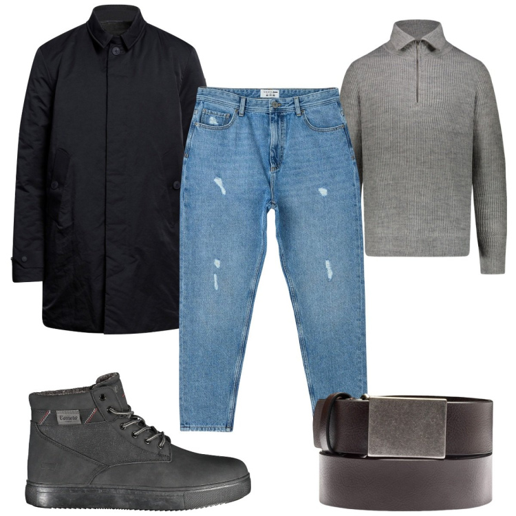 Outfit uomo - In jeans con gli amici. Stile Casual per Tutti i giorni. Abbinamento con cappotti, jeans strappati, cinture, maglieria, stivali.