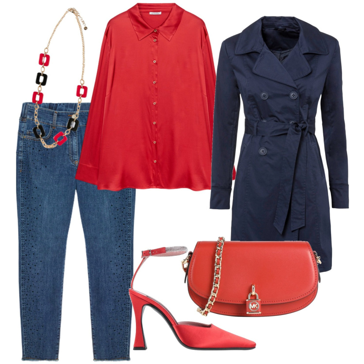Outfit donna - La blusa rossa. Stile Casual chic per Tutti i giorni. Abbinamento con trench, borse a tracolla, décolleté, camicie, jeans skinny, ciondoli.