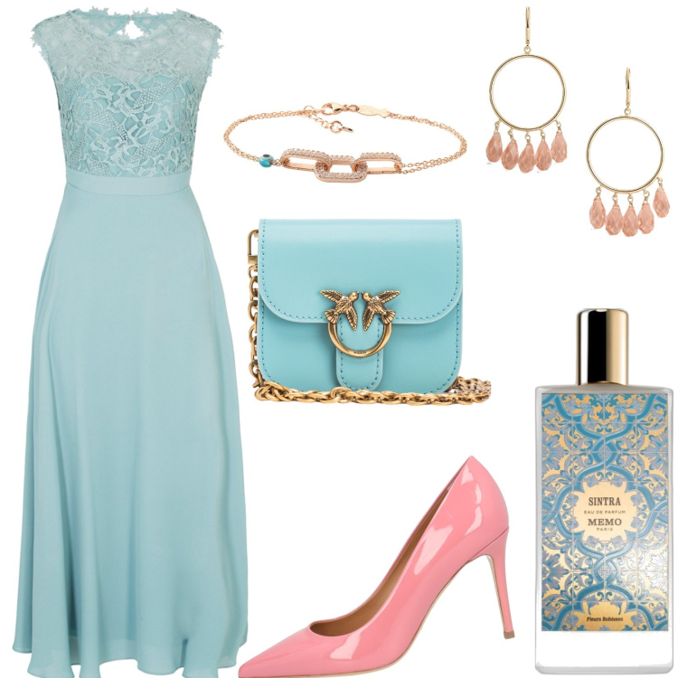Outfit donna - Abito cerimonia lungo con pizzo. Stile Glamour per Cerimonia. Abbinamento con vestiti lunghi, braccialetti, décolleté, profumi, borse a tracolla, orecchini.