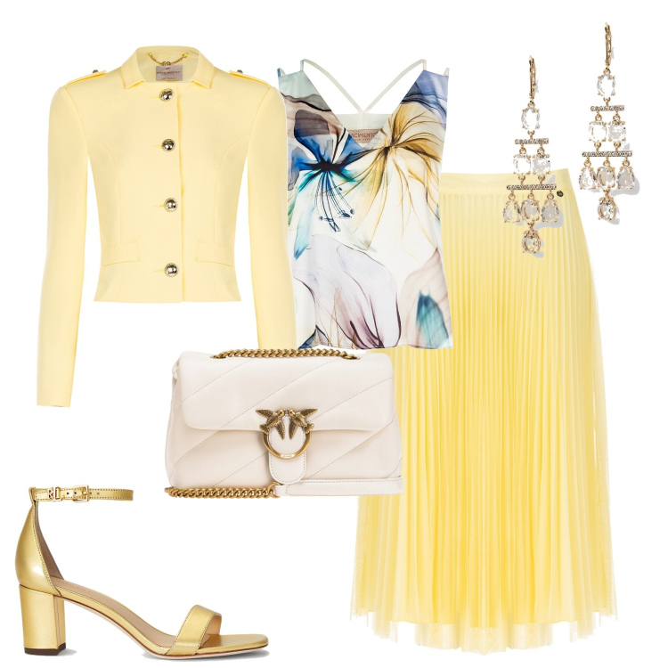Outfit donna - Giallo chiaro. Stile Chic per Cerimonia. Abbinamento con borse a tracolla, gonne longuette, blazer, top, orecchini, sandali in pelle.