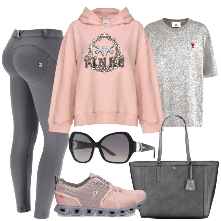 Outfit donna - Athleisure. Stile Casual per Tutti i giorni. Abbinamento con felpe con cappuccio, pantaloni skinny, occhiali da sole, sneakers, t-shirt, borse a spalla.