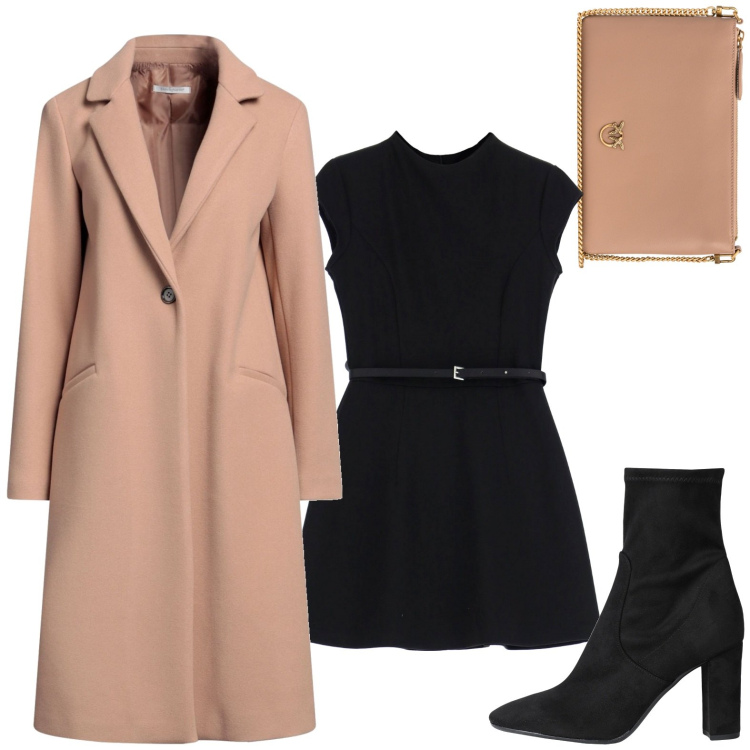 Outfit donna - Vestitino nero. Stile Trendy per Serata fuori. Abbinamento con stivaletti, cappotti, borse a tracolla, vestiti corti.