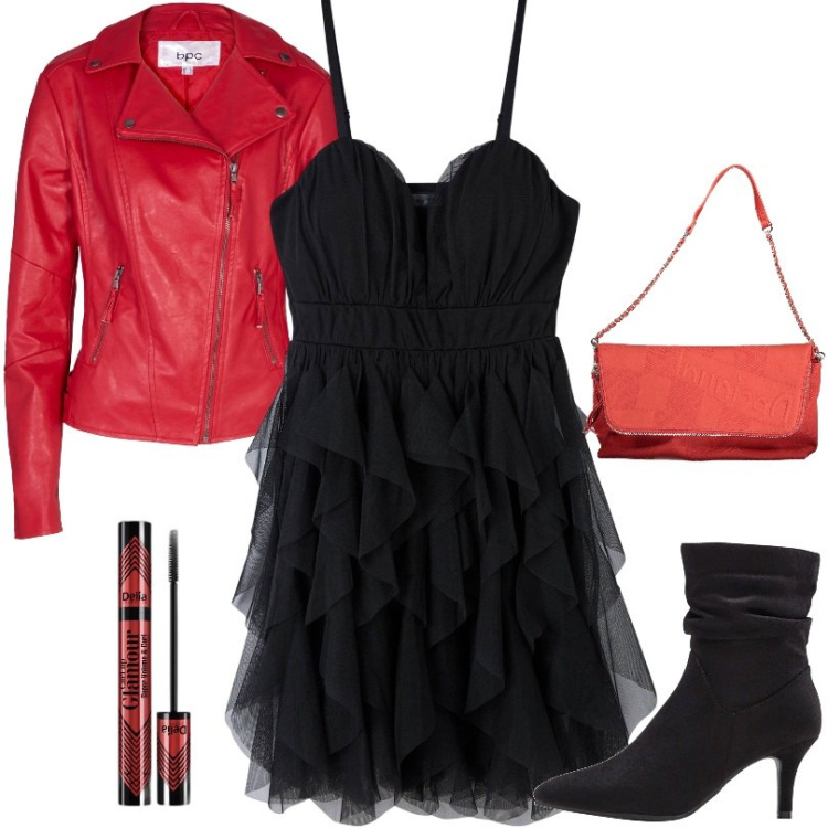 Outfit donna - Sultry eyes. Stile Trendy per Serata fuori. Abbinamento con blazer, stivaletti, mascara, vestiti corti, borse a mano.
