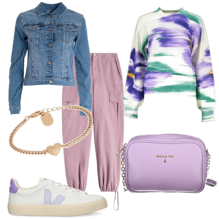 Outfit donna - Colori chiari. Stile Basic per Tutti i giorni. Abbinamento con braccialetti, giacche, pantaloni cargo, maglieria, sneakers, borse a tracolla.