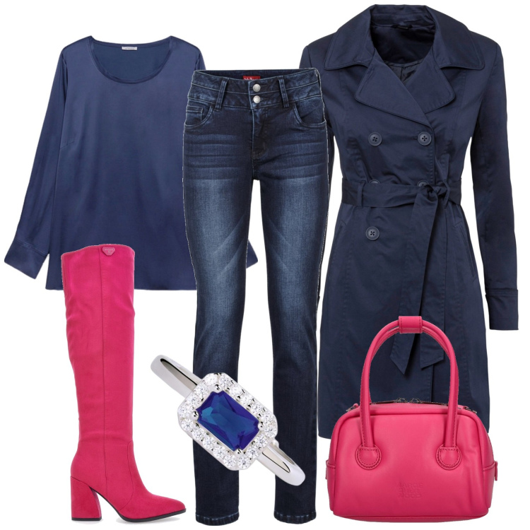 Outfit donna - Total look #1839097. Stile Casual chic per Tutti i giorni. Abbinamento con jeans, trench, anelli, bluse, stivali, borse a mano.