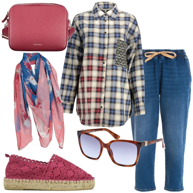 Outfit donna - Sportiva. Stile Casual per Tutti i giorni. Abbinamento con sciarpe, jeans, espadrillas, camicie, occhiali da sole, borse a tracolla.