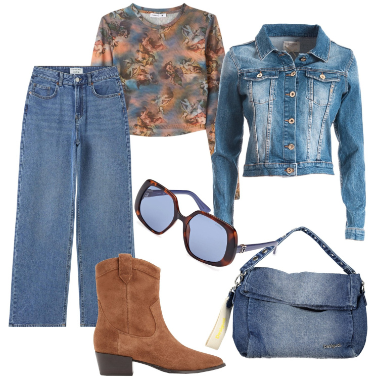 Outfit donna - Anni ‘90: jeans vita alta e cropped. Stile Trendy per Tutti i giorni. Abbinamento con stivaletti texani, jeans, t-shirt, blazer, borse a spalla, occhiali da sole.