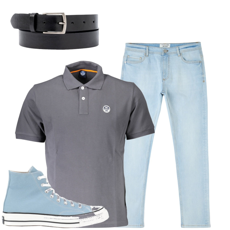 Outfit uomo - City. Stile Casual per Tutti i giorni. Abbinamento con sneakers alte, jeans skinny, polo, cinture.