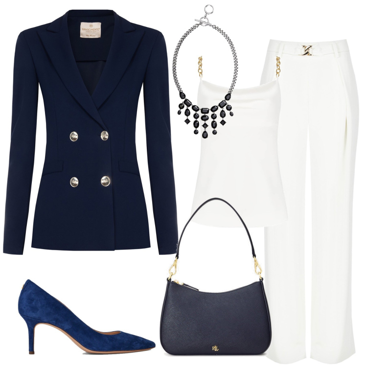 Outfit donna - Blu spring. Stile Casual chic per Tutti i giorni. Abbinamento con pantaloni a palazzo, blazer, top, borse a tracolla, décolleté, collane.