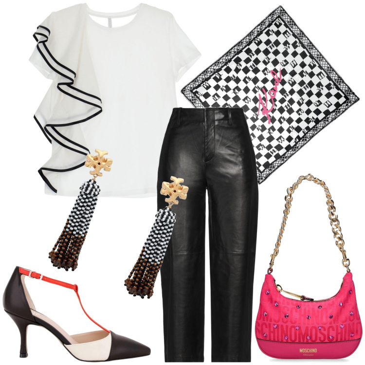 Outfit donna - Rouches. Stile Casual chic per Serata fuori. Abbinamento con sciarpe, pantaloni, orecchini, t-shirt, sandali in pelle, borse a mano.