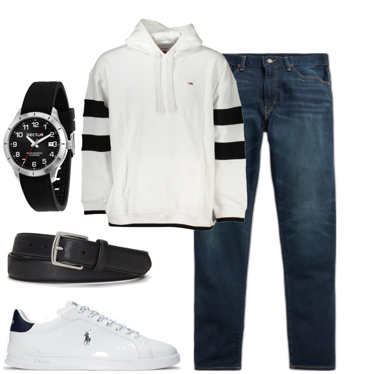 Outfit uomo - City. Stile Casual per Tutti i giorni. Abbinamento con orologi, cinture, sneakers, jeans, felpe con cappuccio.