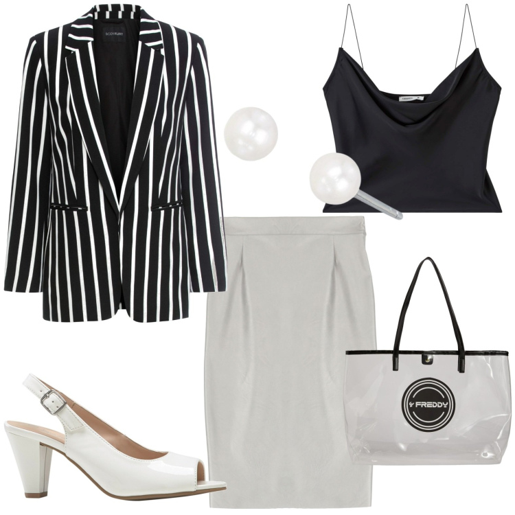 Outfit donna - Bianco e nero. Stile Casual chic per Tutti i giorni. Abbinamento con blazer, décolleté, top, orecchini, shopping bag, gonne.