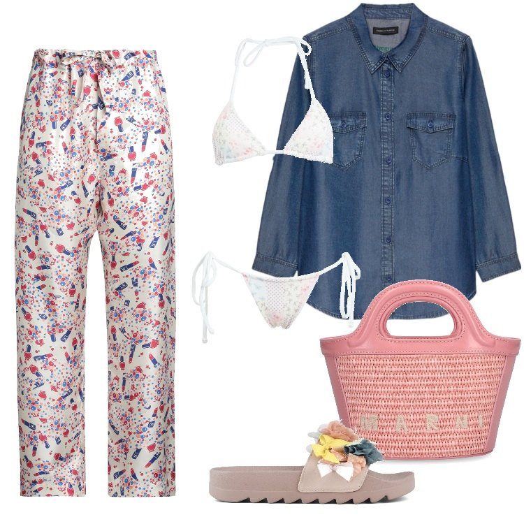 Outfit donna - Total look #1839176. Stile Boho per Mare. Abbinamento con pantaloni, bikini, ciabatte, shopping bag, camicie.