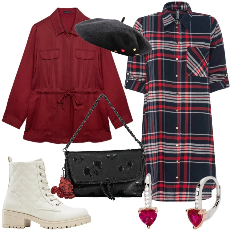 Outfit donna - Giornate fredde. Stile Casual per Tutti i giorni. Abbinamento con vestiti chemisier, cappelli e berretti, stivaletti, orecchini, camicie, borse a spalla.