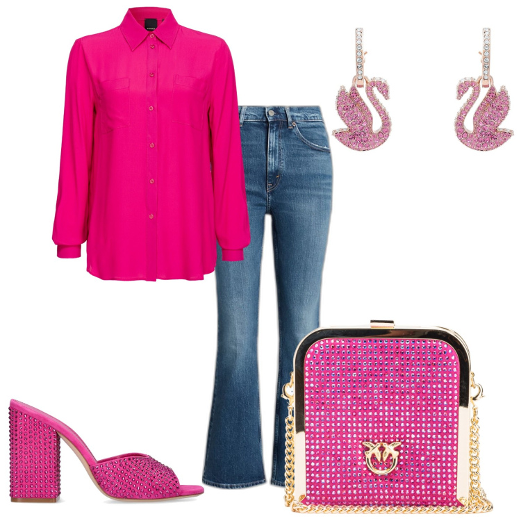 Outfit donna - Serata glamour in jeans. Stile Glamour per Serata fuori. Abbinamento con orecchini, clutch, camicie, jeans, pantofole.