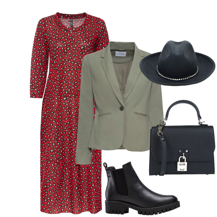Outfit donna - Primavera rock. Stile Rock per Tutti i giorni. Abbinamento con stivaletti chelsea, blazer, vestiti midi/longuette, borse a mano, cappelli.