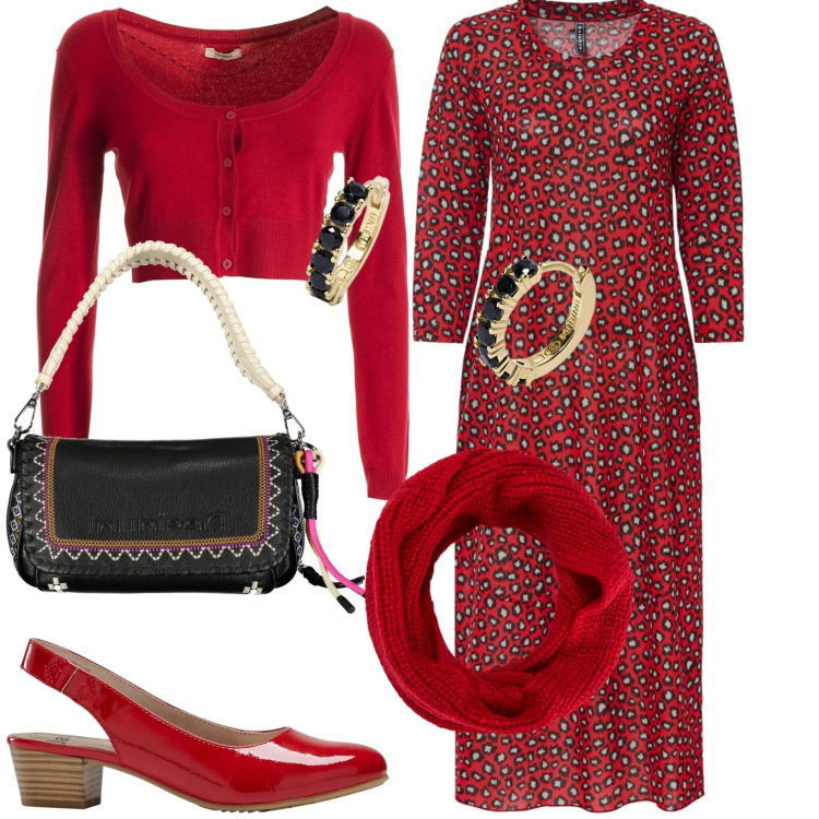 Outfit donna - Midi. Stile Casual per Tutti i giorni. Abbinamento con décolleté, vestiti midi/longuette, scaldacollo, orecchini, cardigans, borse a spalla.