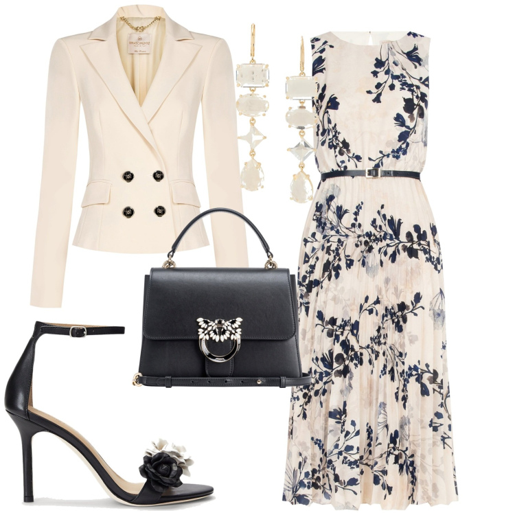 Outfit donna - Cerimonia. Stile Chic per Cerimonia. Abbinamento con borse a tracolla, vestiti midi/longuette, blazer, sandali in pelle, orecchini.
