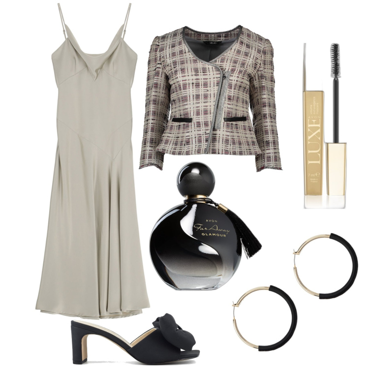 Outfit donna - Anni ‘90: vestito sottoveste e cropped. Stile Glamour per Serata fuori. Abbinamento con profumi, mascara, vestiti lunghi, orecchini, blazer, sandali col tacco.