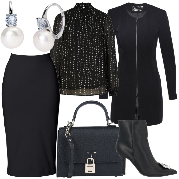 Outfit donna - Seducente gonna. Stile Chic per Ufficio. Abbinamento con gonne longuette, blazer, tuniche, stivaletti, borse a mano, orecchini.