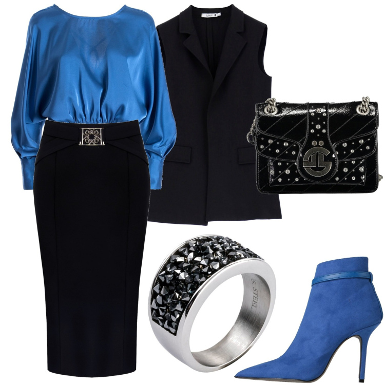 Outfit donna - Dettagli che ti daranno l\'autentico look. Stile Chic per Serata fuori. Abbinamento con anelli, stivaletti, gilet, gonne, bluse, borse a tracolla.