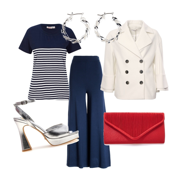 Outfit donna - Navy e beige. Stile Vintage retrò per Ufficio. Abbinamento con t-shirt, orecchini, cappotti, pantaloni, sandali col tacco, pochette.