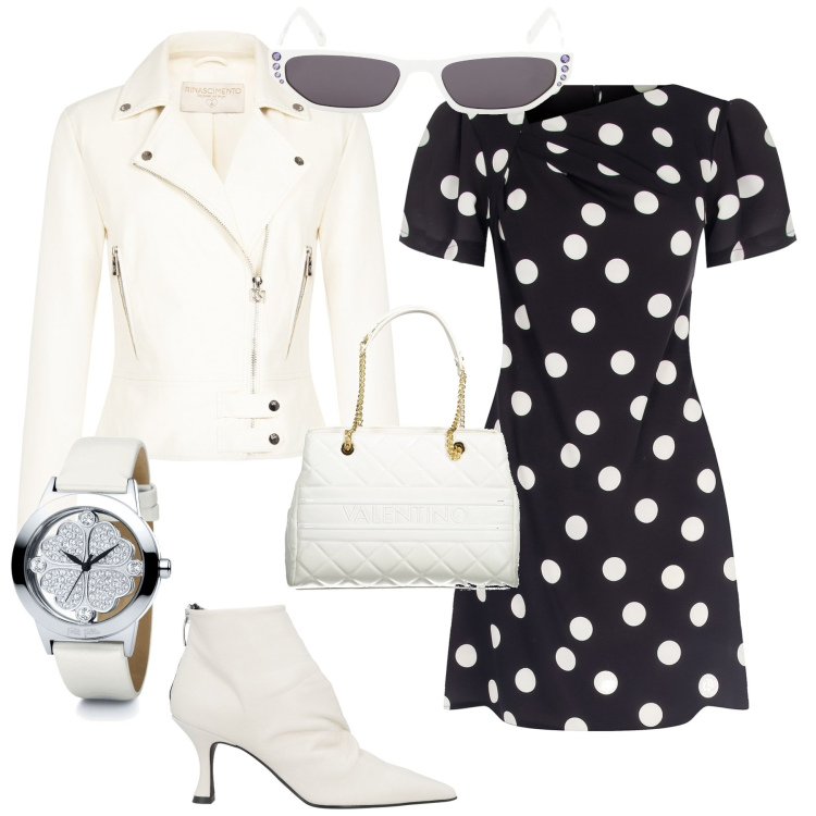 Outfit donna - Trendy black and white. Stile Trendy per Tutti i giorni. Abbinamento con stivaletti, orologi, giacche, vestiti asimmetrici, borse a spalla, occhiali da sole.