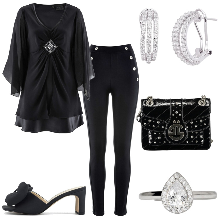 Outfit donna - Tunica con gioiello scintillante. Stile Trendy per Serata fuori. Abbinamento con leggings, tuniche, orecchini, anelli, sandali col tacco, borse a tracolla.