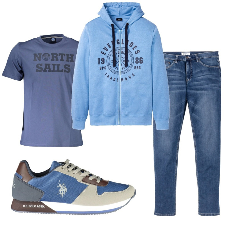 Outfit uomo - Total look #1839281. Stile Casual per Ufficio. Abbinamento con jeans, felpe con cappuccio, t-shirt, scarpe sportive.