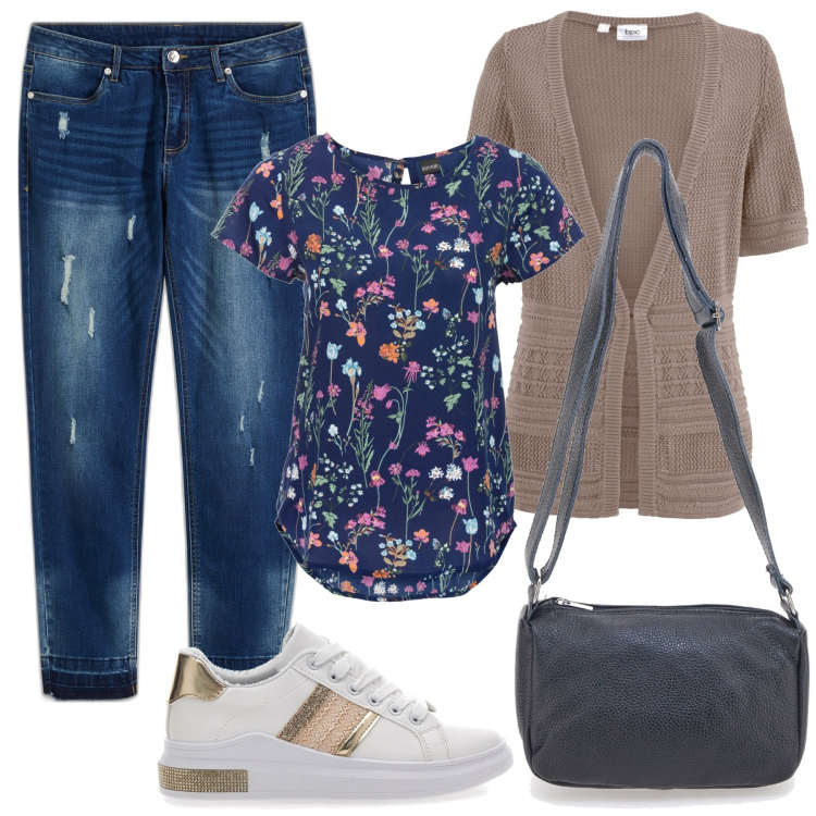 Outfit donna - La Blusa a fantasia. Stile Trendy per Tutti i giorni. Abbinamento con cardigans, bluse, jeans skinny, sneakers, borse a tracolla.