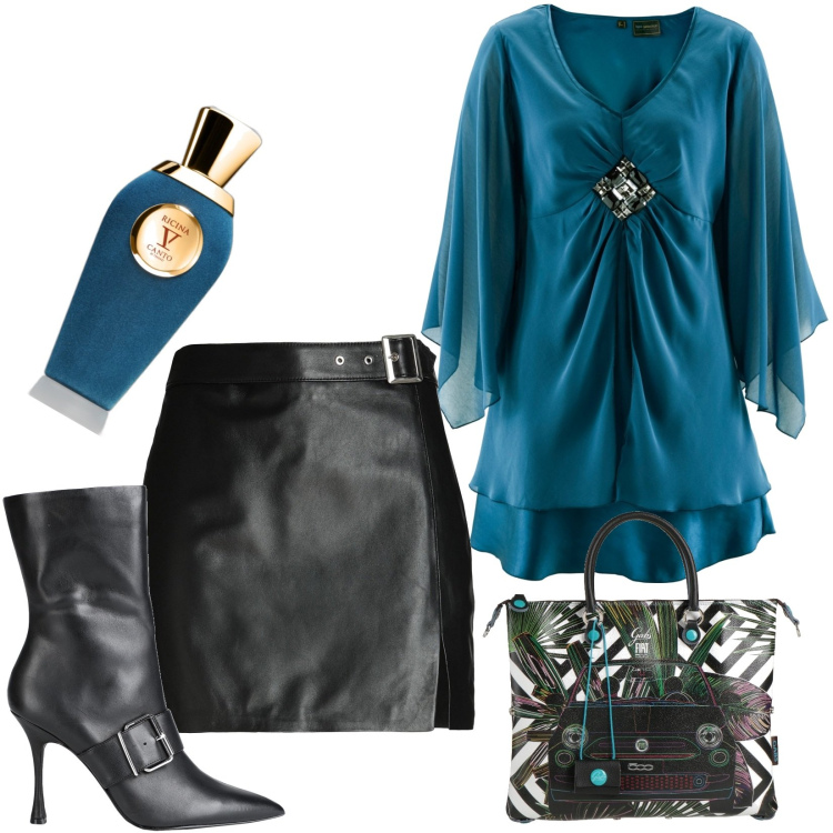 Outfit donna - Tunica petrolio scuro. Stile Trendy per Tutti i giorni. Abbinamento con tuniche, minigonne, borse a mano, stivaletti, profumi.